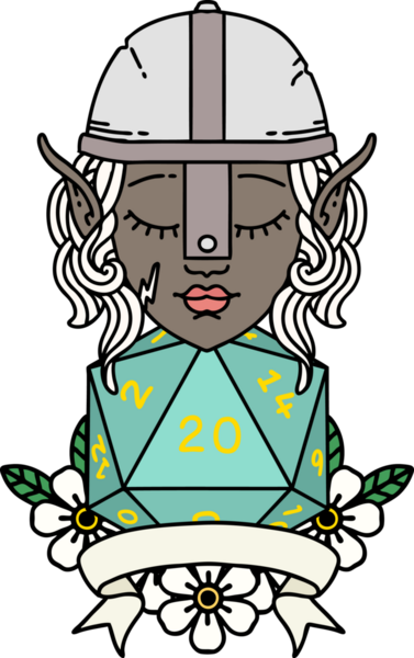 Retro Dövme Tarzı Elf Savaşçısı Doğal 20 zar atışıyla Bir insan tarafından çizilmiş