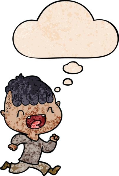 Çizgi film mutlu çocuk gülerek ve bir insan tarafından çizilmiş grunge desenli düşünce baloncuğuyla kaçıyor.