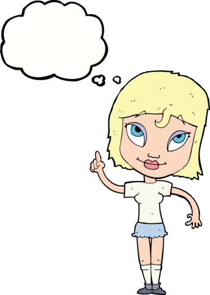 Bir insan tarafından çizilmiş düşünce baloncuğu fikri olan karikatür kadın.