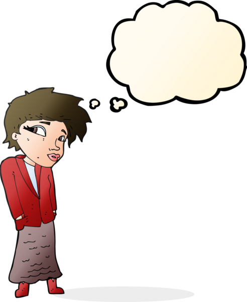 Bir insan tarafından çizilmiş düşünce baloncuğu olan elleri ceplerinde bir çizgi film kadını.