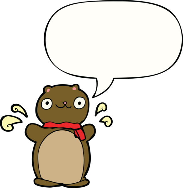 Bir insan tarafından çizilmiş konuşma balonlu mutlu oyuncak ayı.