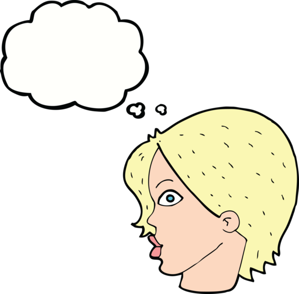 Bir insan tarafından çizilmiş düşünce baloncuğuyla dik dik bakan kadın yüzü.