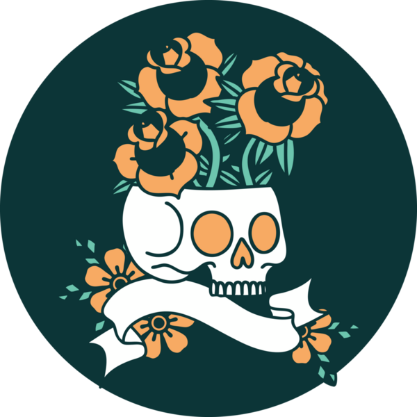 bir insan tarafından çizilmiş kafatası ve güller ile dövme tarzı simgesi