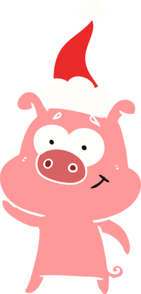 Mutlu el çizimi düz renk çizimi Noel Baba şapkası takan bir domuzun insan tarafından çizilmiş.