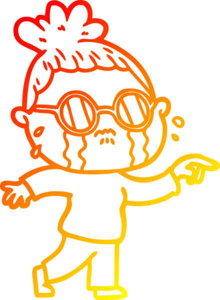 Bir insan tarafından çizilmiş gözlüklü, ağlayan bir kadının çizgi film çizimi.