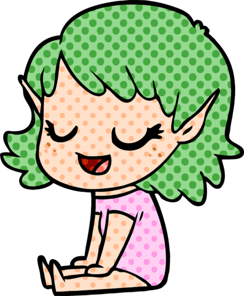 Bir insan tarafından çizilmiş yerde oturan mutlu elf kızı.