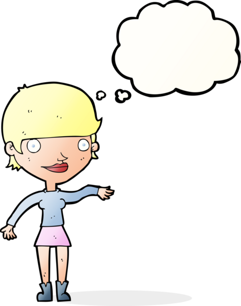 Bir insan tarafından çizilmiş düşünce balonlu mutlu kadın çizgi filmi.