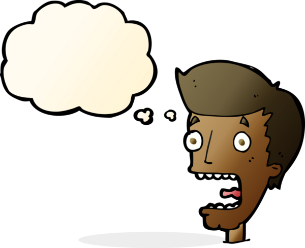 Bir insan tarafından çizilmiş düşünce baloncuğuyla dehşete düşmüş bir adam.