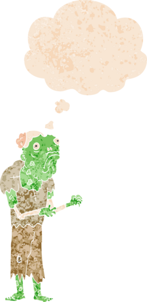 Grunge 'da düşünce baloncuğu olan çizgi film zombisi bir insan tarafından çizilmiş dertli retro tarzı.