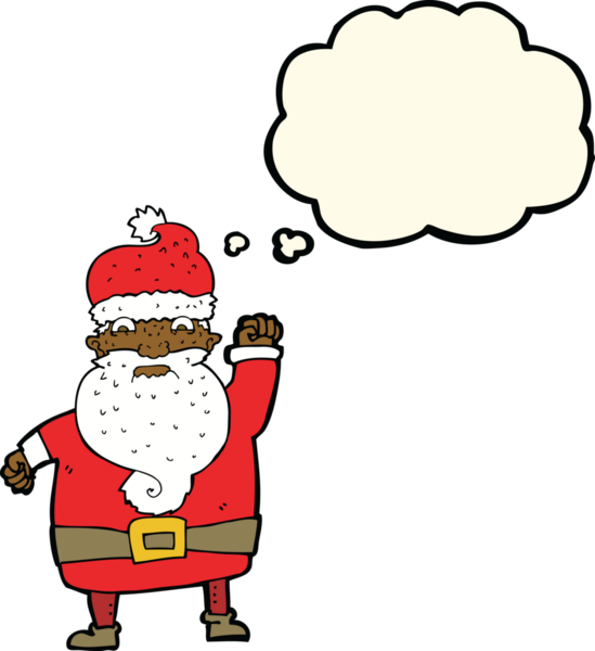 Bir insan tarafından çizilmiş düşünce baloncuklu kızgın Noel Baba çizgi filmi.