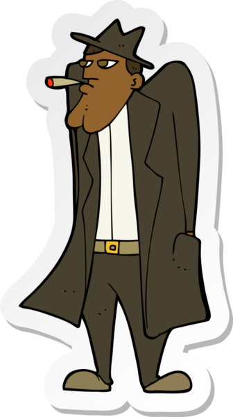 Bir insan tarafından çizilmiş şapkalı ve trençkotlu bir adamın çıkartması.