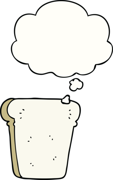 Bir insan tarafından çizilmiş düşünce balonlu bir ekmek dilimi.
