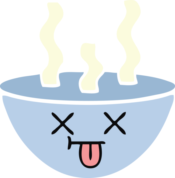 Bir insan tarafından çizilmiş sıcak çorba kasesinin düz renkli retro karikatürü