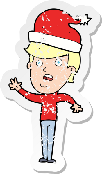 Bir insan tarafından çizilmiş Noel 'e hazır karikatürcü bir adamın gerilimli çıkartması.