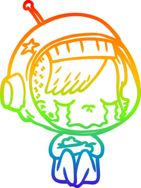 Gökkuşağı gradyan çizgi çizimi bir insan tarafından çizilmiş ağlayan astronot kız