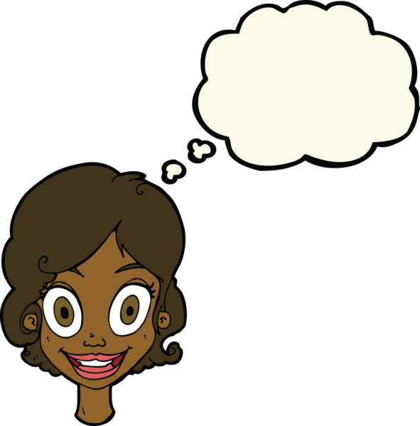 Bir insan tarafından çizilmiş düşünce balonlu mutlu kadın çizgi filmi.