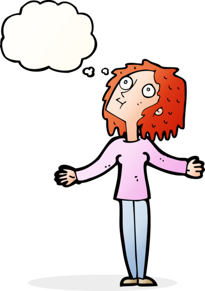 Bir insan tarafından çizilmiş düşünce baloncuğuyla yukarı bakan karikatürist meraklı kadın.