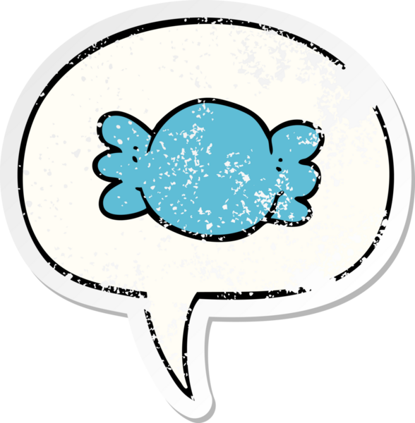 Konuşma balonuyla sarılı çizgi film bir insan tarafından çizilmiş sıkıntılı eski bir çıkartma