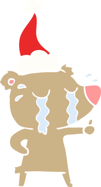 Bir insan tarafından çizilmiş Noel Baba şapkası takan ağlayan bir ayının düz renkli çizimi.