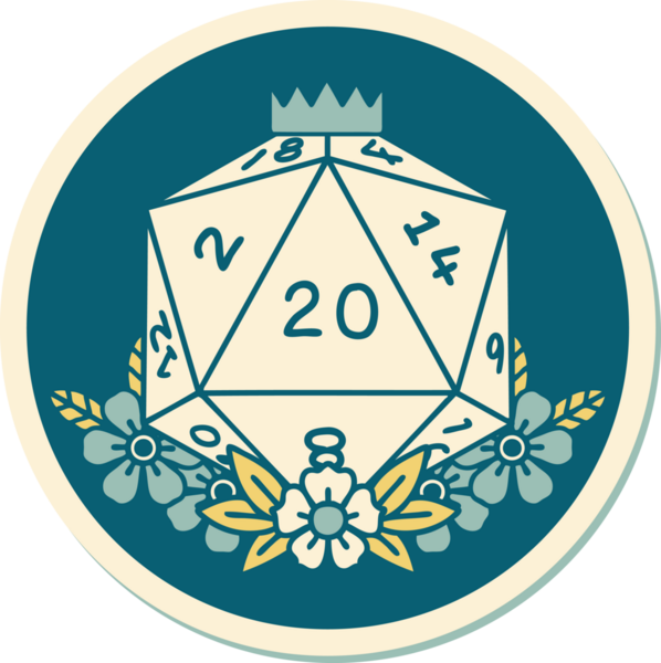 Bir insan tarafından çizilmiş geleneksel bir d20 dövmesi çıkartması.