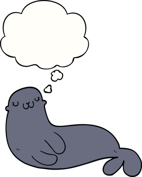 Bir insan tarafından çizilmiş düşünce baloncuklu şirin fok.
