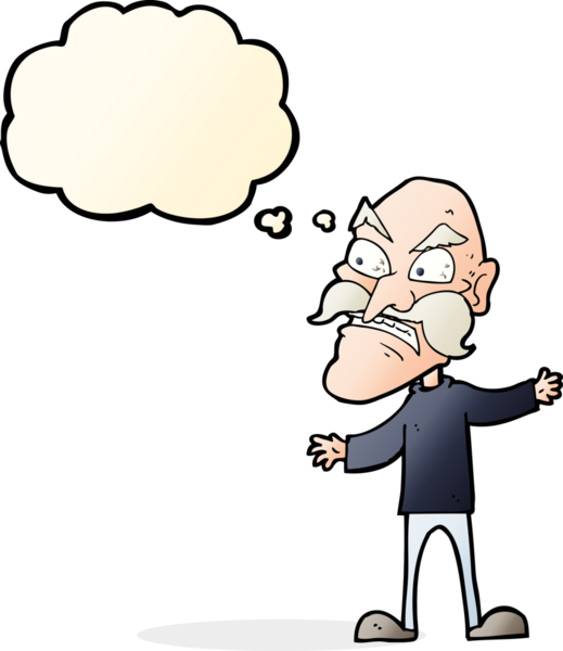 Bir insan tarafından çizilmiş düşünce baloncuğu olan kızgın yaşlı bir adam.