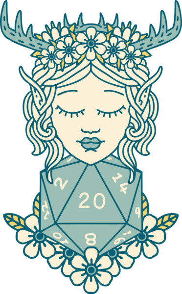 Retro Dövme Tarzı Elf Karakteri Nautral 20 zar bir insan tarafından çizilmiş