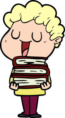 Bir insanın çizdiği kitaplarla gülen karikatür adamı.