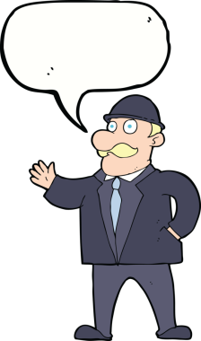 Bir insan tarafından çizilmiş konuşma balonlu melon şapkalı mantıklı iş adamı çizgi filmi.