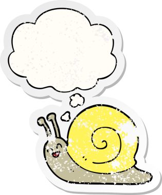 Düşünce baloncuklu çizgi film salyangozu insan tarafından çizilmiş yıpranmış bir çıkartma.