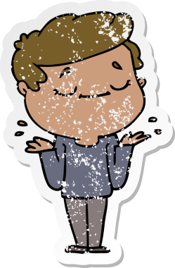 Bir insan tarafından çizilmiş, karikatür çıkartmalı barışçıl bir adamın omuz silkmesi