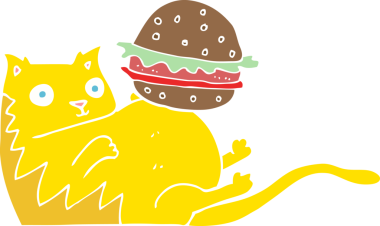 Bir insan tarafından çizilmiş hamburgerli şişman kedinin düz renk çizimi