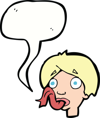 Bir insan tarafından çizilmiş konuşma baloncuğuyla dilini dışarı çıkaran çizgi film kafası.