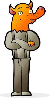 Bir insan tarafından çizilmiş tilki kafalı bir çizgi film adamı.