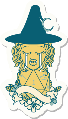 Ağlayan bir Ork cadısının çıkartması. Bir insan tarafından çizilmiş doğal bir D20 rulosu.