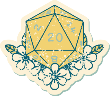 Retro Dövme Biçimi Doğal 20 D20 zar bir insan tarafından çizilmiş çiçek elementleriyle