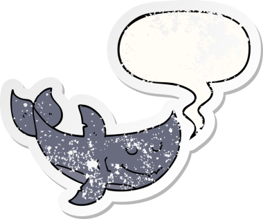 Konuşma baloncuğu olan çizgi film köpekbalığı bir insan tarafından çizilmiş sıkıntılı eski bir çıkartma