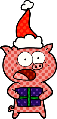 Bir insan tarafından çizilmiş Noel Baba şapkası giymiş bir domuzun el çizimi çizgi roman tasviri.