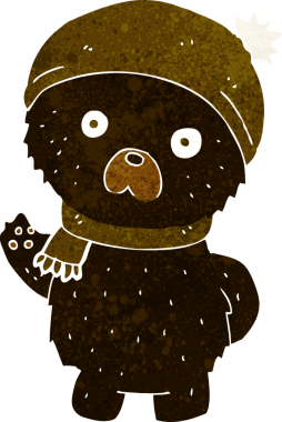 Bir insan tarafından çizilmiş, kışlık şapkalı ve atkılı şirin siyah ayı.