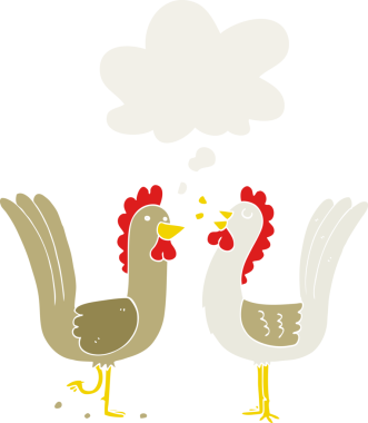 Düşünce baloncuğu olan çizgi film tavukları insan tarafından çizilmiş.