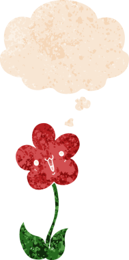 Düşünce baloncuğu ve grunge desenli karikatür çiçeği bir insan tarafından çizilmiş.