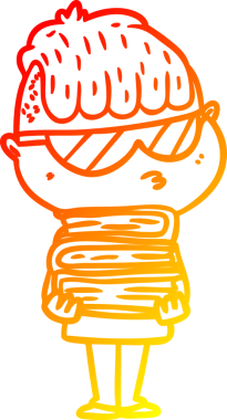 Sıcak bir çizgi film karakteri çizimi. Güneş gözlüğü takmış, bir insan tarafından çizilmiş kitap yığını.