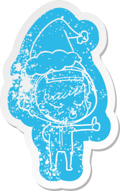 Garip bir çizgi film, güzel bir astronot kızın Noel Baba şapkası takıp, bir insan tarafından çizildiğini gösteren bir çıkartma.