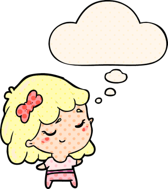 Çizgi roman tarzında bir insan tarafından çizilmiş düşünce balonu olan mutlu bir kız.