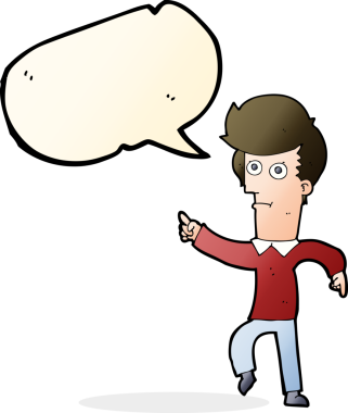 Bir insan tarafından çizilmiş bir konuşma balonuyla işaret eden çizgi film adamı.