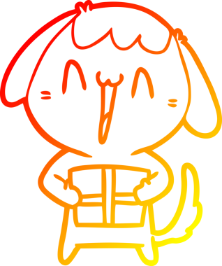 Bir insan tarafından çizilmiş Noel hediyeli şirin bir köpeğin sıcak çizgi çizimi.