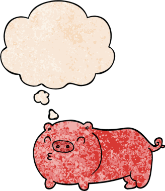 Bir insan tarafından çizilmiş grunge desenli düşünce baloncuklu çizgi film domuzu.