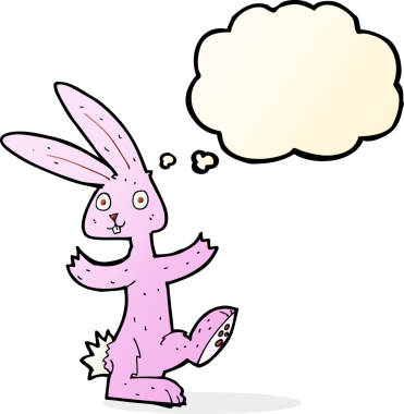 Bir insan tarafından çizilmiş düşünce kabarcığı olan çizgi film tavşanı.