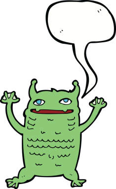 Bir insan tarafından çizilmiş konuşma balonu olan küçük bir canavar.
