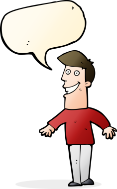 Bir insan tarafından çizilmiş konuşma balonuyla sırıtan çizgi film adamı.